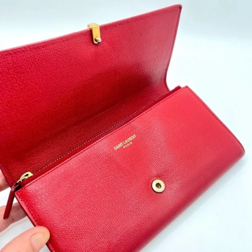 Authentic YSL Yves Saint Laurent Red Leather Classic Y-Ligne Wallet W/ Care Card